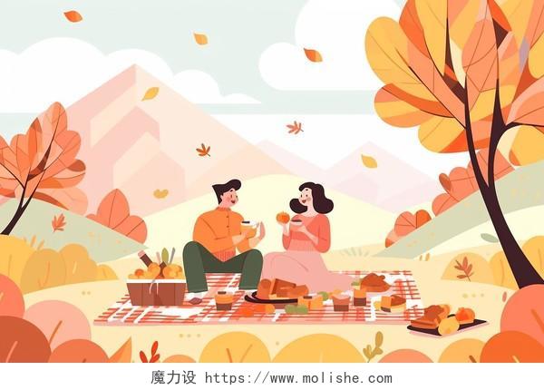 插画一对夫妇在野外野餐卡通AI插画